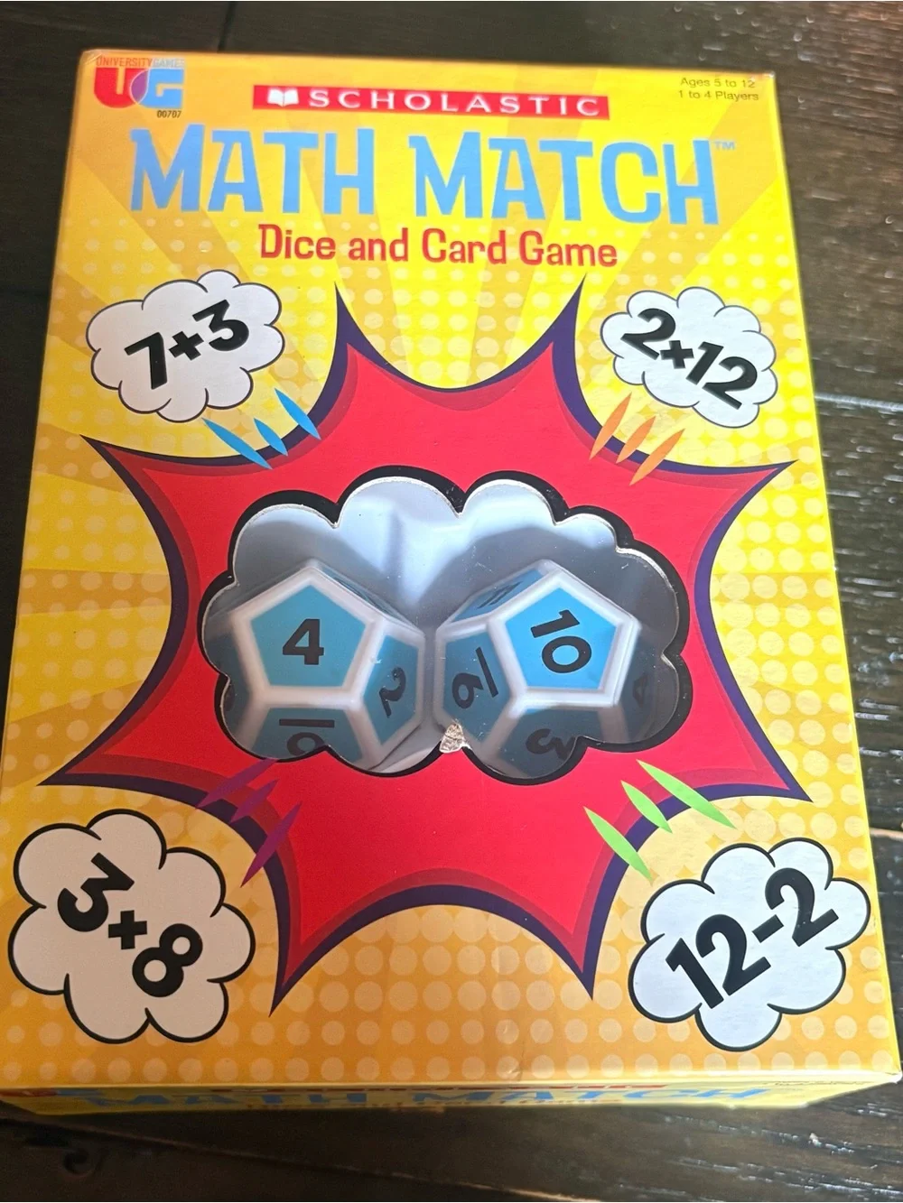 Scholastic Math Match Dice and Card Game - Yellow Box with Light Blue Dice